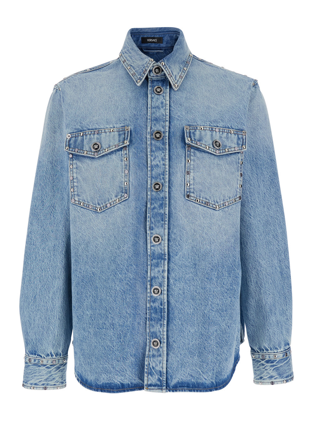 Versace Men Light Blue Shirt With Classic Collar And Two Patch Pockets On The Front In Denim For Men VERSACE
