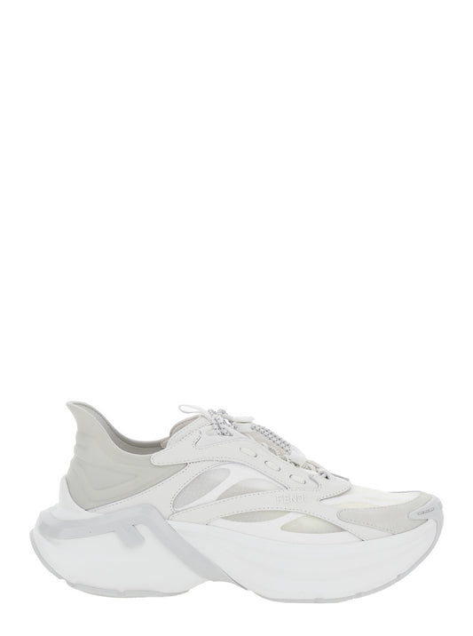 Fendi Women 'F-Light' White Sneaker Low Top With Ff Motif On The Side And Chunky Sole In Mesh And Leather For Women FENDI