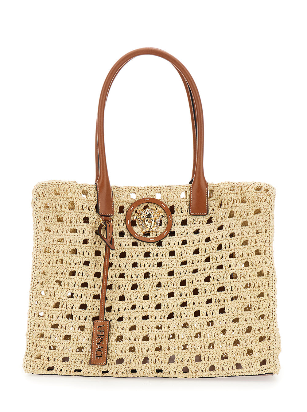 Versace Women 'La Medusa' Beige Tote Bag With Medusa Logo Plate And Removable Logo Pendant In Raffia For Women VERSACE