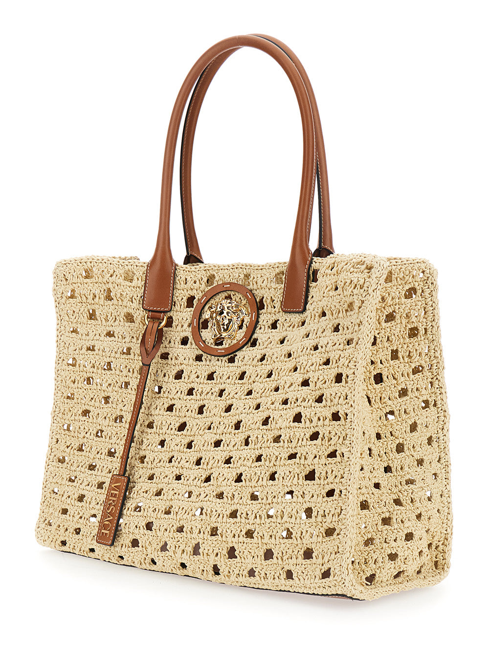 Versace Women 'La Medusa' Beige Tote Bag With Medusa Logo Plate And Removable Logo Pendant In Raffia For Women VERSACE