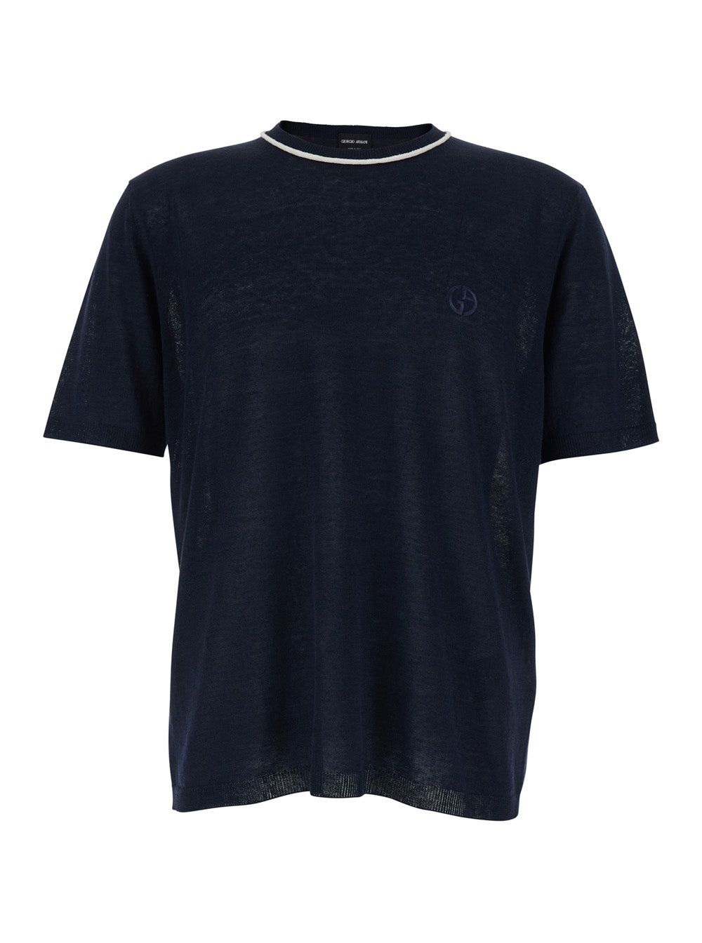 Giorgio Armani Men Blue Crew Neck T-Shirt With Tone-On-Tone Logo On The Front In Linen And Silk Blend Man GIORGIO ARMANI