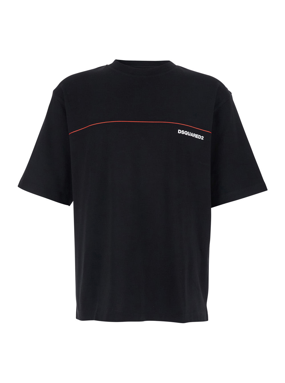 Dsquared2 Men Black Crew Neck T-Shirt With Raised Collar And Logo On The Front In Cotton Man DSQUARED2