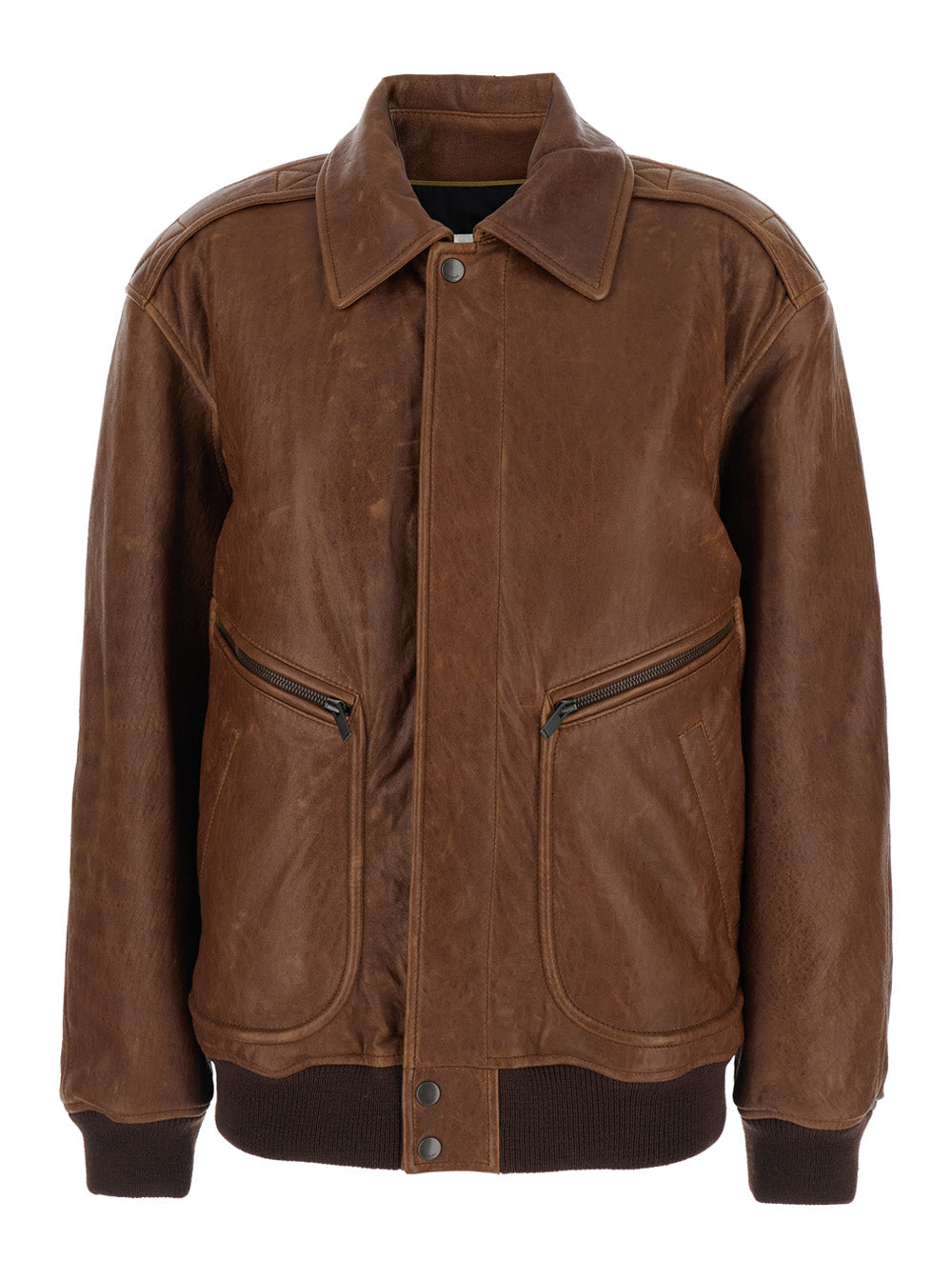 Saint Laurent Women Brown Leather Bomber Jacket  With Classic Collar For Women SAINT LAURENT
