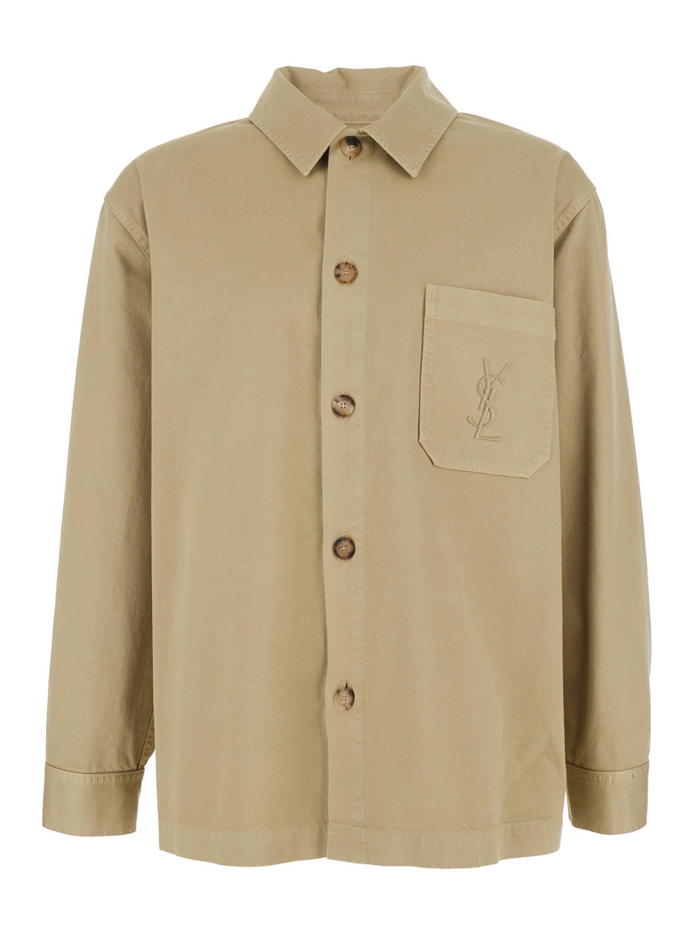 Saint Laurent Men Beige Shirt With Classic Collar And Cassandre Embroidery On The Front In Cotton For Men SAINT LAURENT
