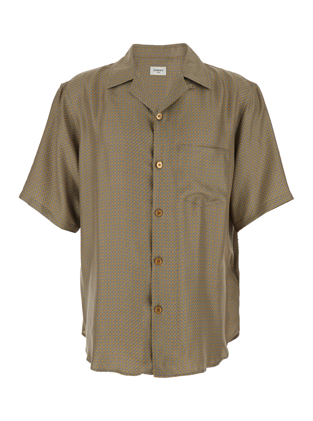 Saint Laurent Men Shirt With Cuban Collar And All-Over Geometric Motif In Beige Silk For Men SAINT LAURENT