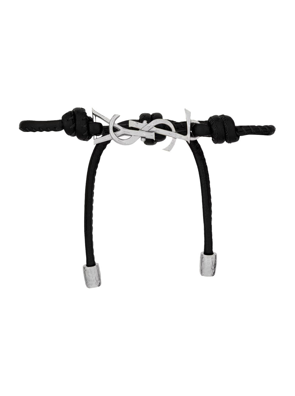 Saint Laurent Men Black Bracelet With Cassandre Logo Plate In Silver Metal And Adjustable Closure In Leather For Men SAINT LAURENT