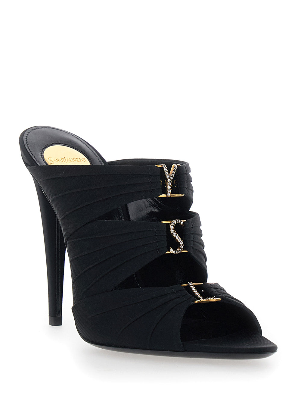 Saint Laurent Women 'Emilie' Black Heeled Sandals With Cassandre Plate On The Front In Leather Woman SAINT LAURENT