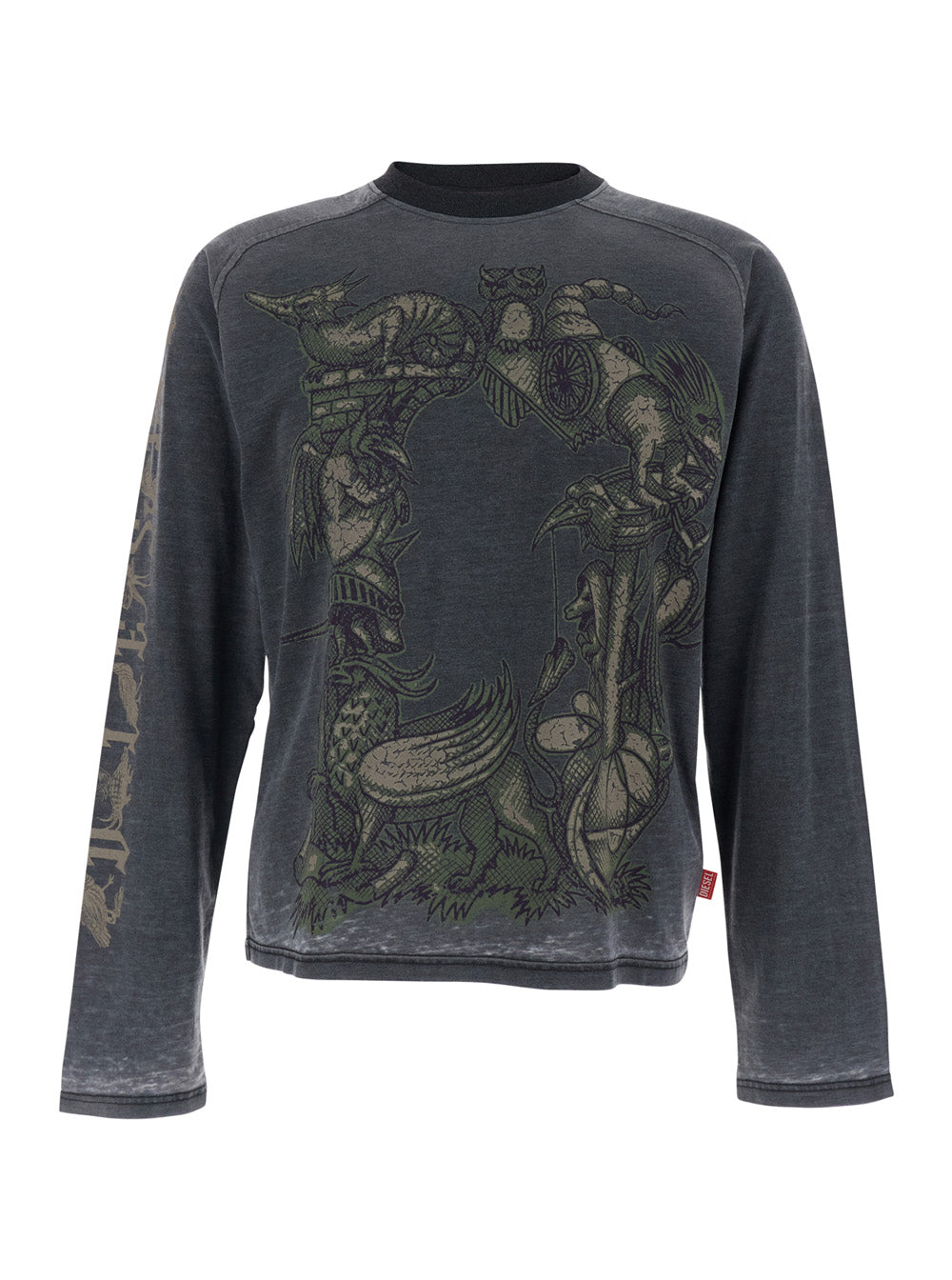 Diesel Men Grey Crew Neck T-Shirt With Long Sleeves And Front Print In Cotton Man DIESEL