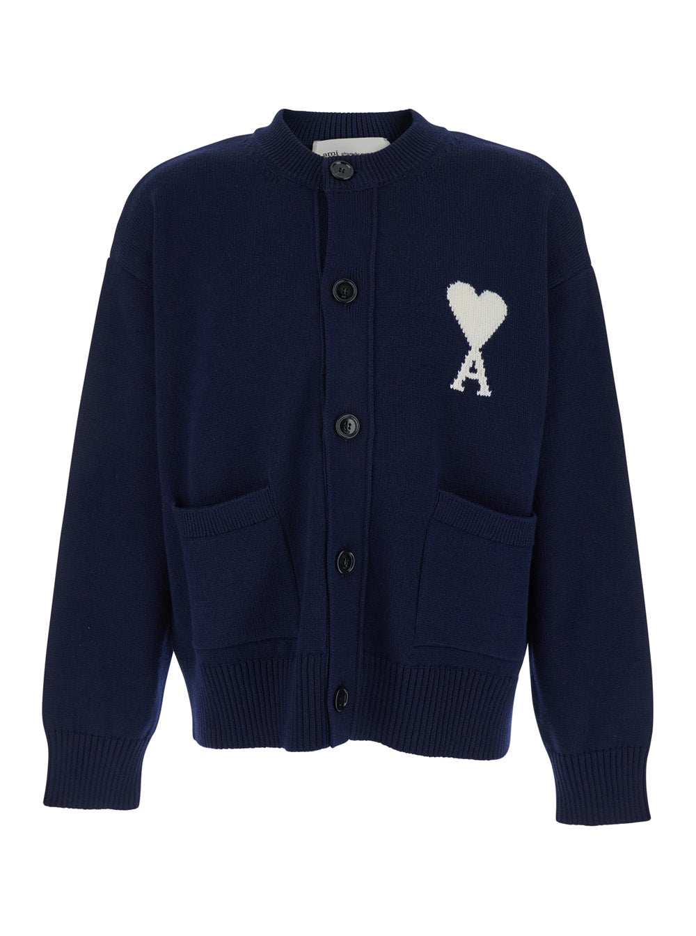 Ami Paris Men Blue Crew Neck Cardigan With Contrasting Adc Logo On The Front In Cotton And Wool Blend Man AMI PARIS