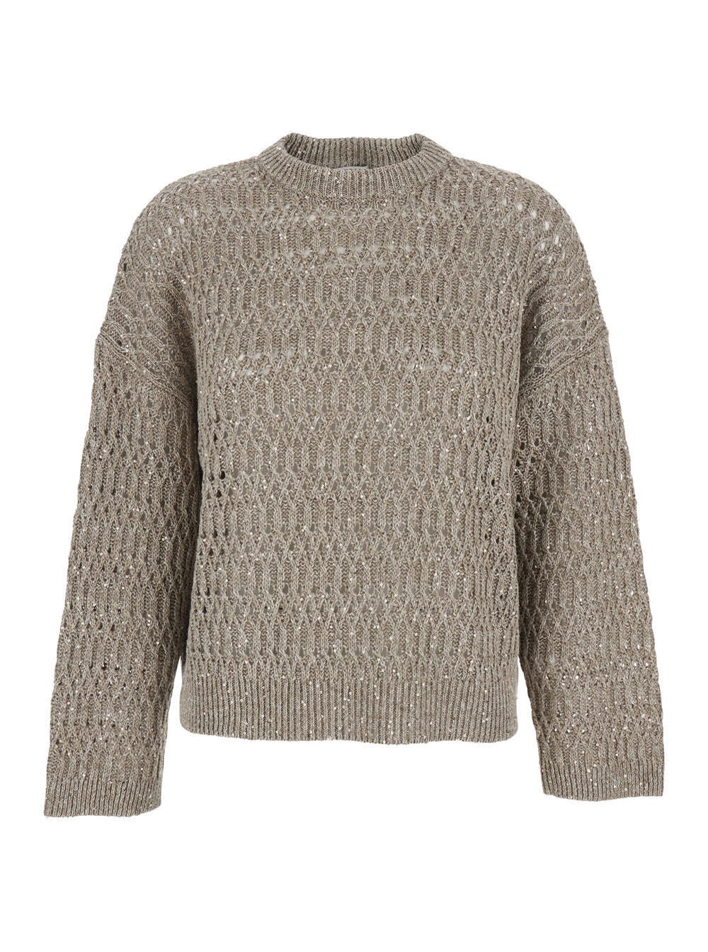 Brunello Cucinelli Women Beige Round Neck Pull With Round Neck And Long Sleeves In Linen Woman BRUNELLO CUCINELLI