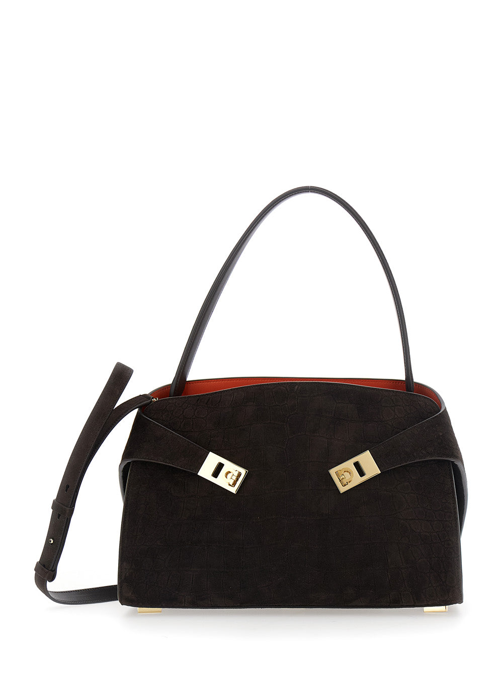 Ferragamo Women Crossbody Bag 'Hug Croco' With Adjustable Strap And Crocodile-Embossed Leather Effect In Brown Suede For Women FERRAGAMO