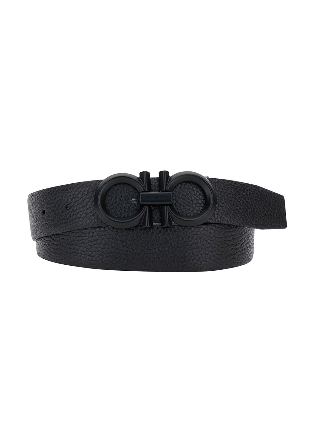Ferragamo Men Black Belt With Tonal Gancini Buckle In Hammered Leather Man FERRAGAMO