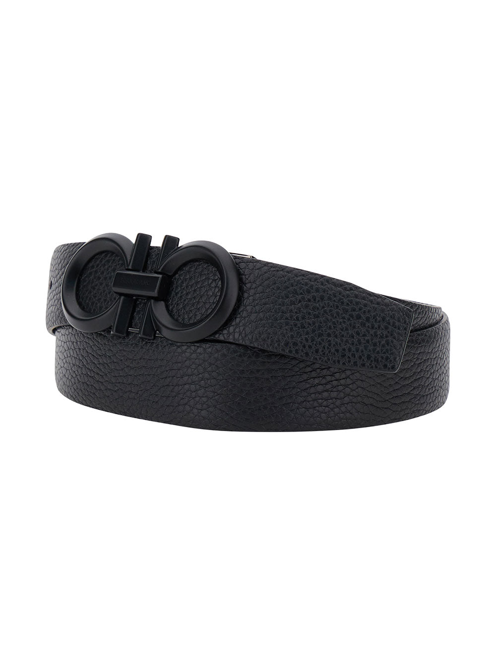 Ferragamo Men Black Belt With Tonal Gancini Buckle In Hammered Leather Man FERRAGAMO