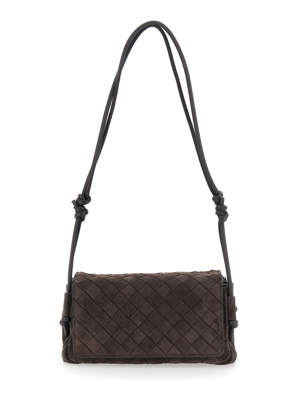 Bottega Veneta Women 'Notturno' Brown Crossbody Bag With All-Over Intreccio Motif And Knot Detail Strap In Suede For Women BOTTEGA VENETA