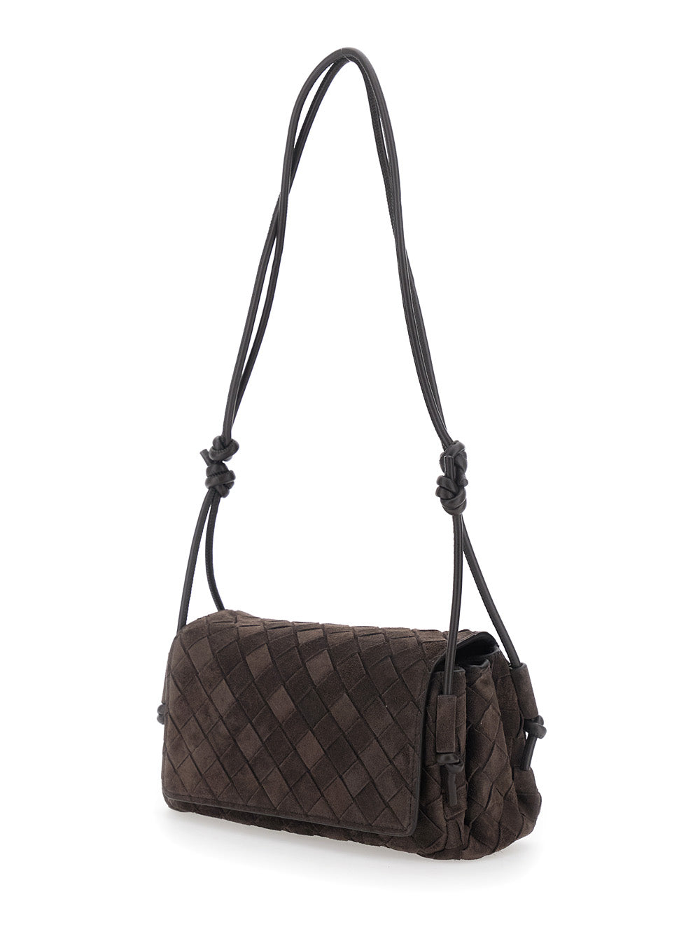 Bottega Veneta Women 'Notturno' Brown Crossbody Bag With All-Over Intreccio Motif And Knot Detail Strap In Suede For Women BOTTEGA VENETA