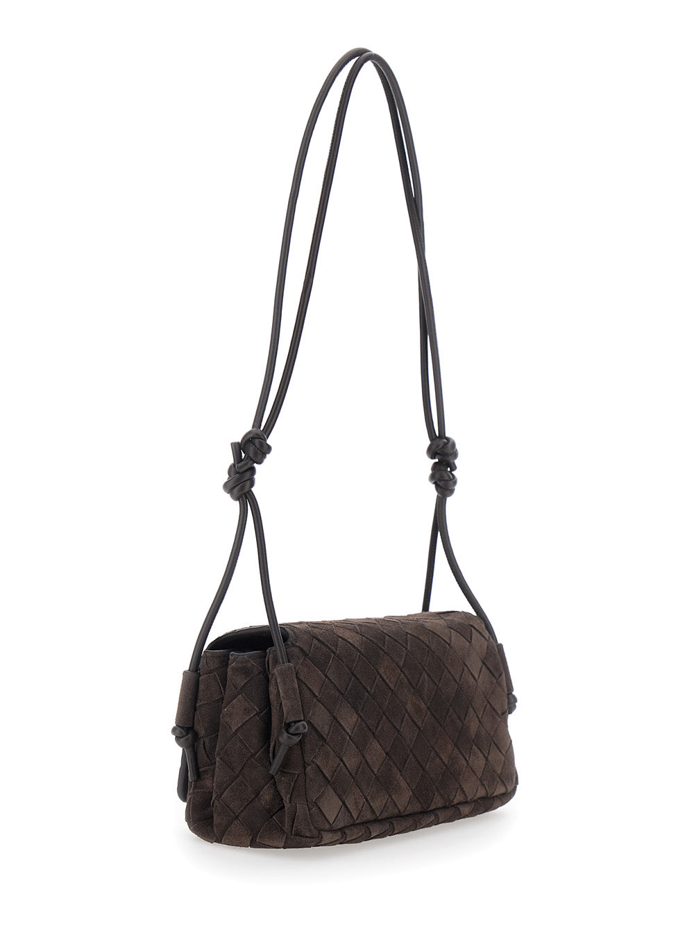 Bottega Veneta Women 'Notturno' Brown Crossbody Bag With All-Over Intreccio Motif And Knot Detail Strap In Suede For Women BOTTEGA VENETA