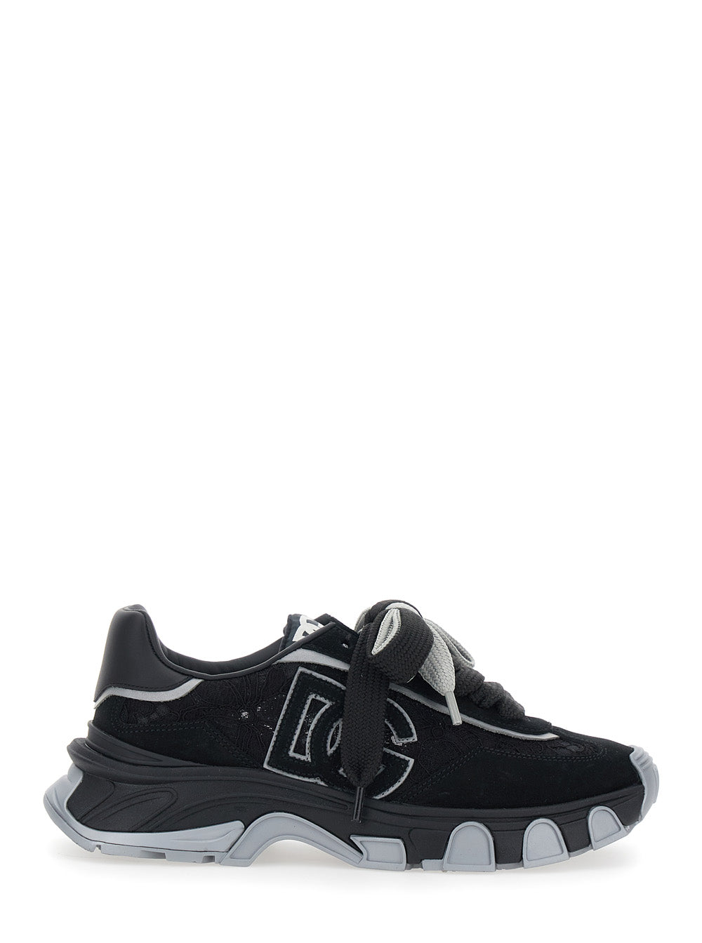 Dolce & Gabbana Women Black Low Top Sneakers With Logo Patch On The Tongue And Lace Panels In Suede Woman DOLCE & GABBANA
