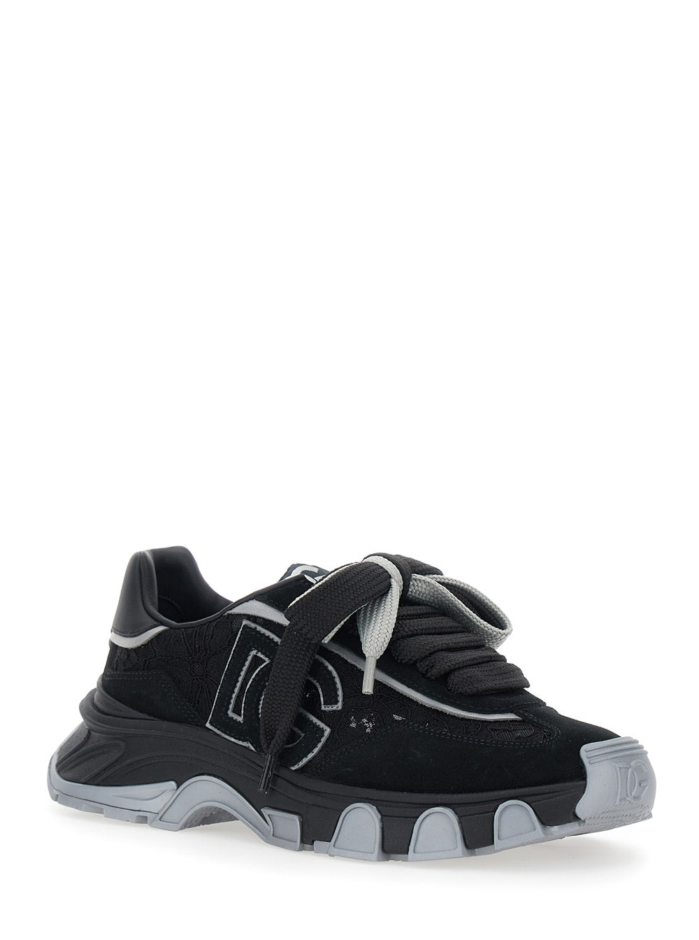 Dolce & Gabbana Women Black Low Top Sneakers With Logo Patch On The Tongue And Lace Panels In Suede Woman DOLCE & GABBANA