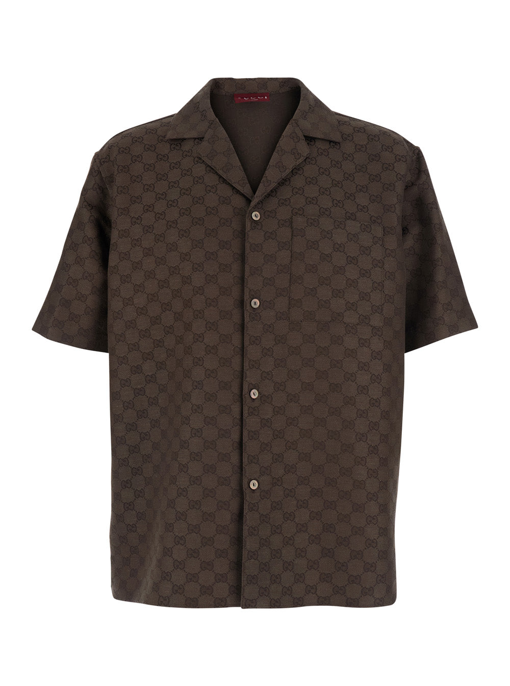 Gucci Men Brown Bowling Shirt With Peak Collar And  All-Over Gg Motif In Linen Blend For Men GUCCI
