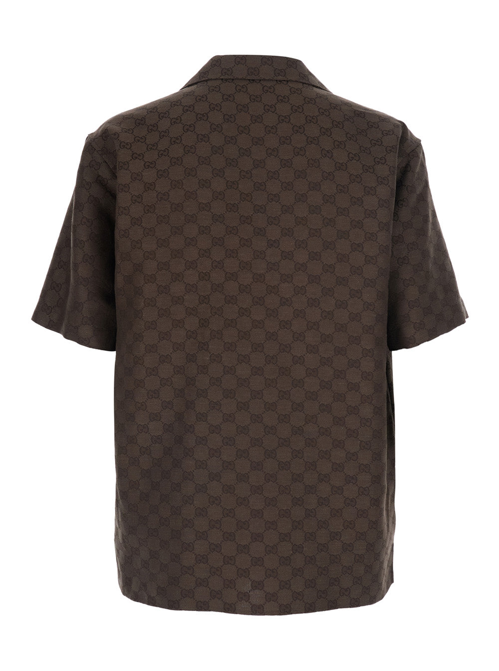 Gucci Men Brown Bowling Shirt With Peak Collar And  All-Over Gg Motif In Linen Blend For Men GUCCI
