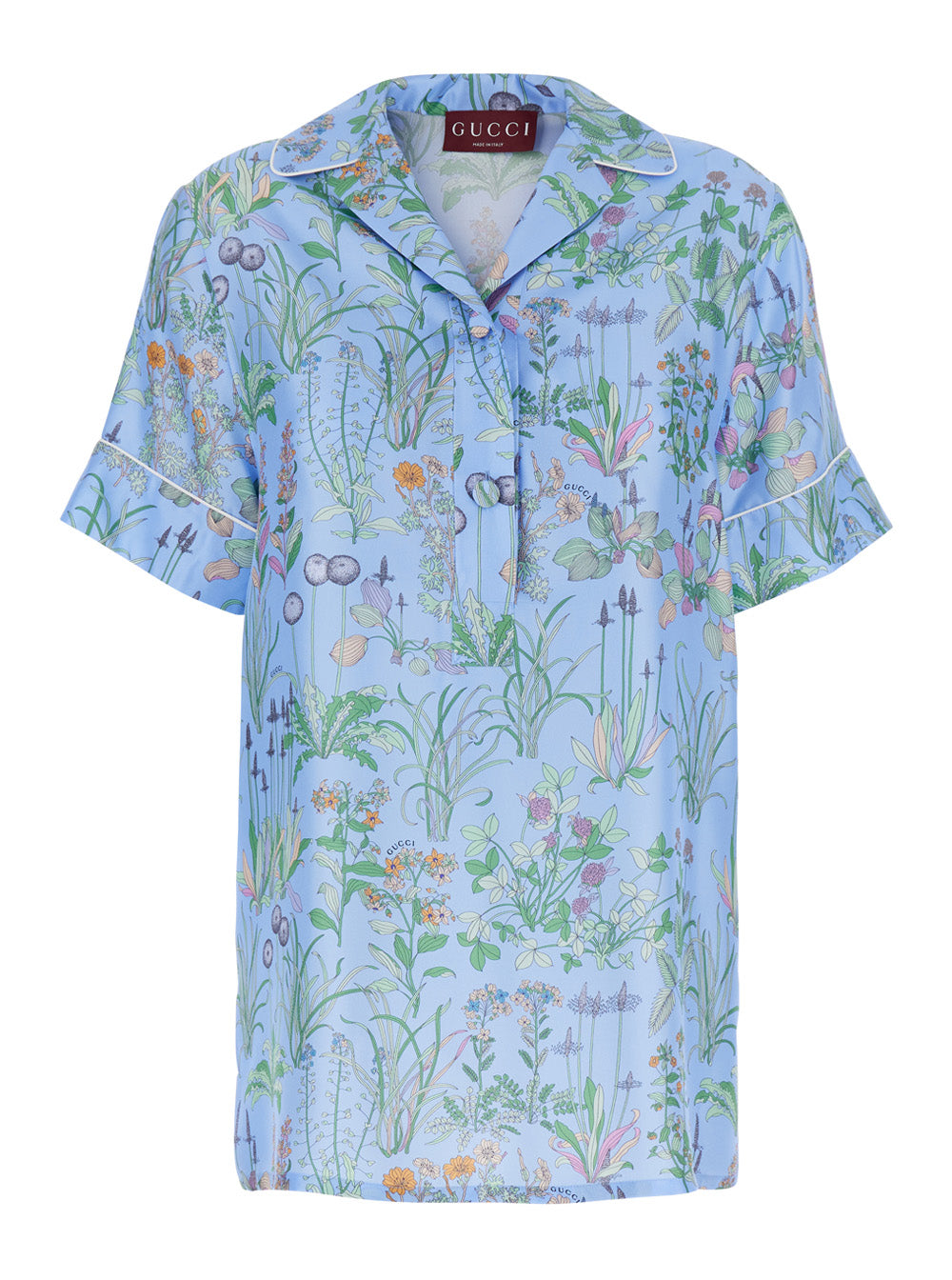 Gucci Women Blue Shirt With Cuban Collar And All-Over Floral Print In Silk Woman GUCCI