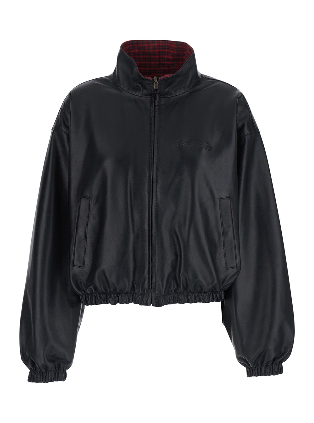 Balenciaga Women Black Leather Jacket With Logo On The Front And High Collar For Women BALENCIAGA
