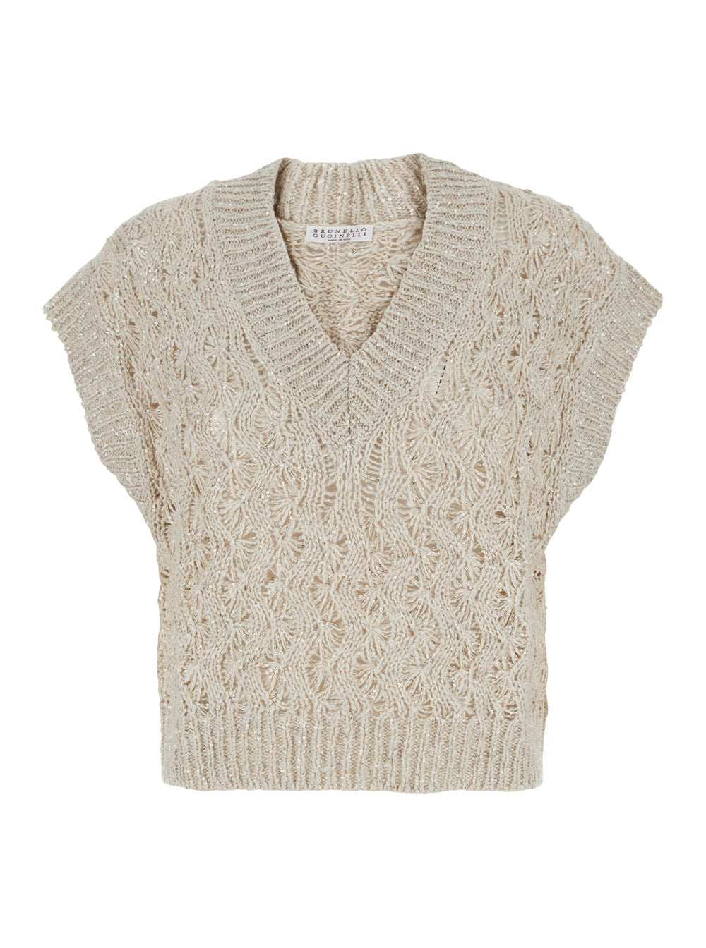 Brunello Cucinelli Women Beige Vest With V-Neck And Sequin Detail In Silk And Linen Blend For Women BRUNELLO CUCINELLI