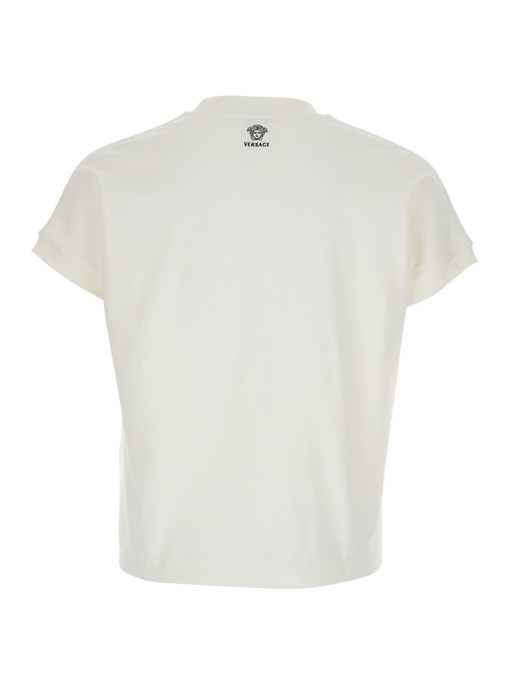 Versace Men White T-Shirt With Logo Lettering With Medusa On The Back In Cotton For Women VERSACE