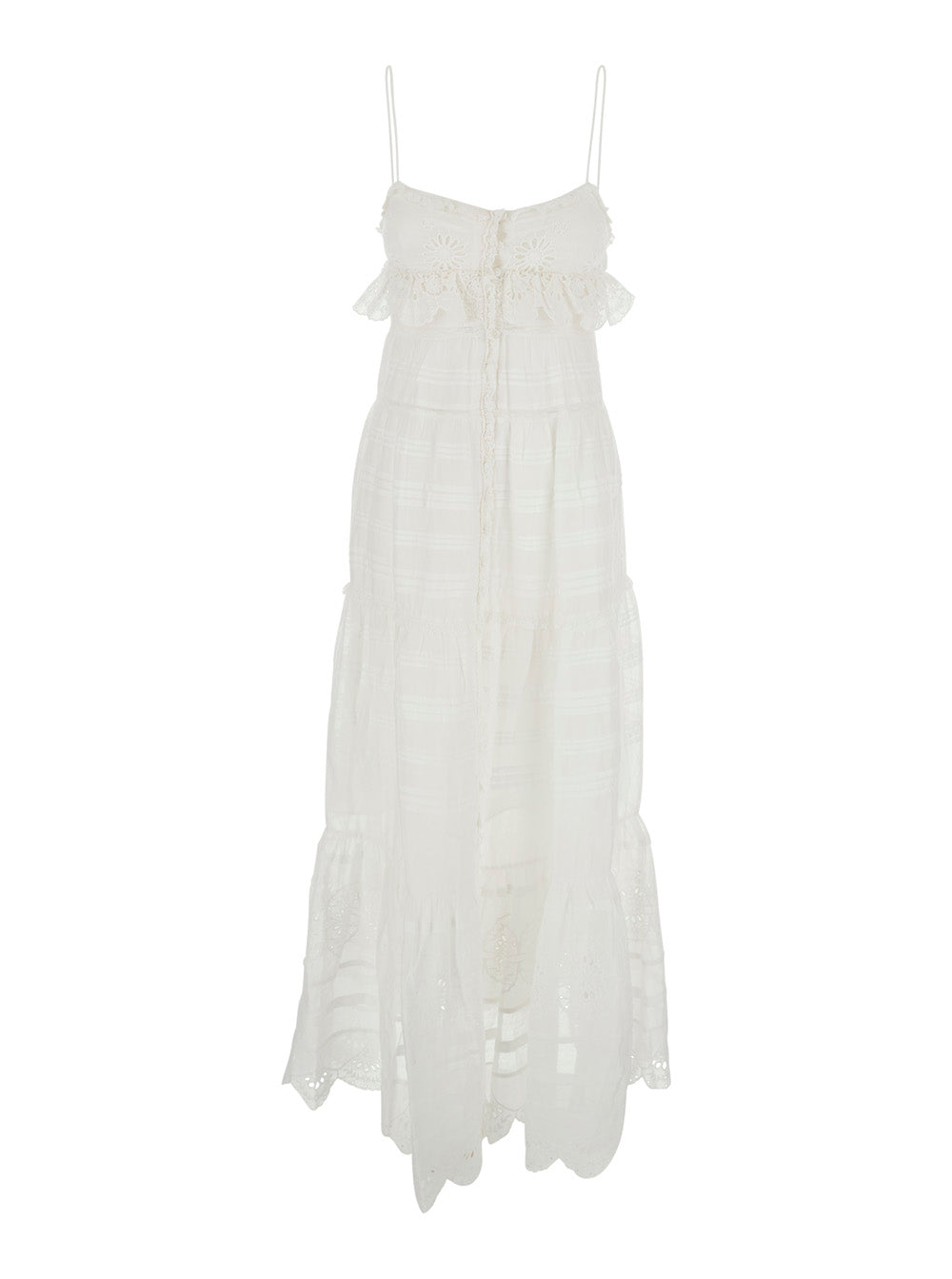 Isabel Marant Etoile Women 'Paule' White Long Sleeveless Dress With All-Over Embroidery And Ruffle Details In Cotton For Women ISABEL MARANT ETOILE