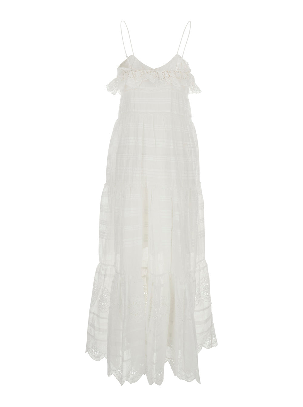 Isabel Marant Etoile Women 'Paule' White Long Sleeveless Dress With All-Over Embroidery And Ruffle Details In Cotton For Women ISABEL MARANT ETOILE