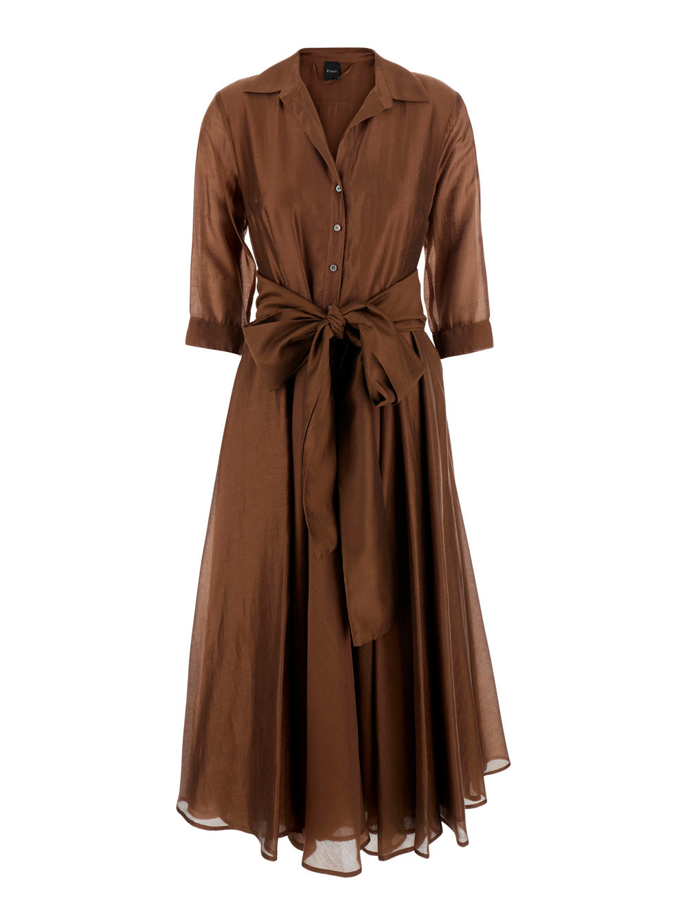 Leplain Women Brown Long Dress With Adjustable Waist Belt And Cuban Collar In Fabric Woman LEPLAIN
