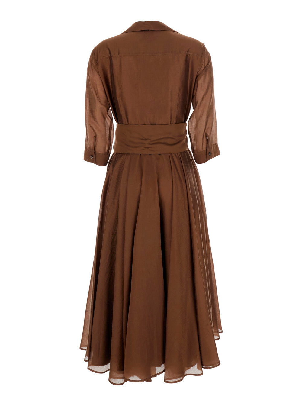 Leplain Women Brown Long Dress With Adjustable Waist Belt And Cuban Collar In Fabric Woman LEPLAIN