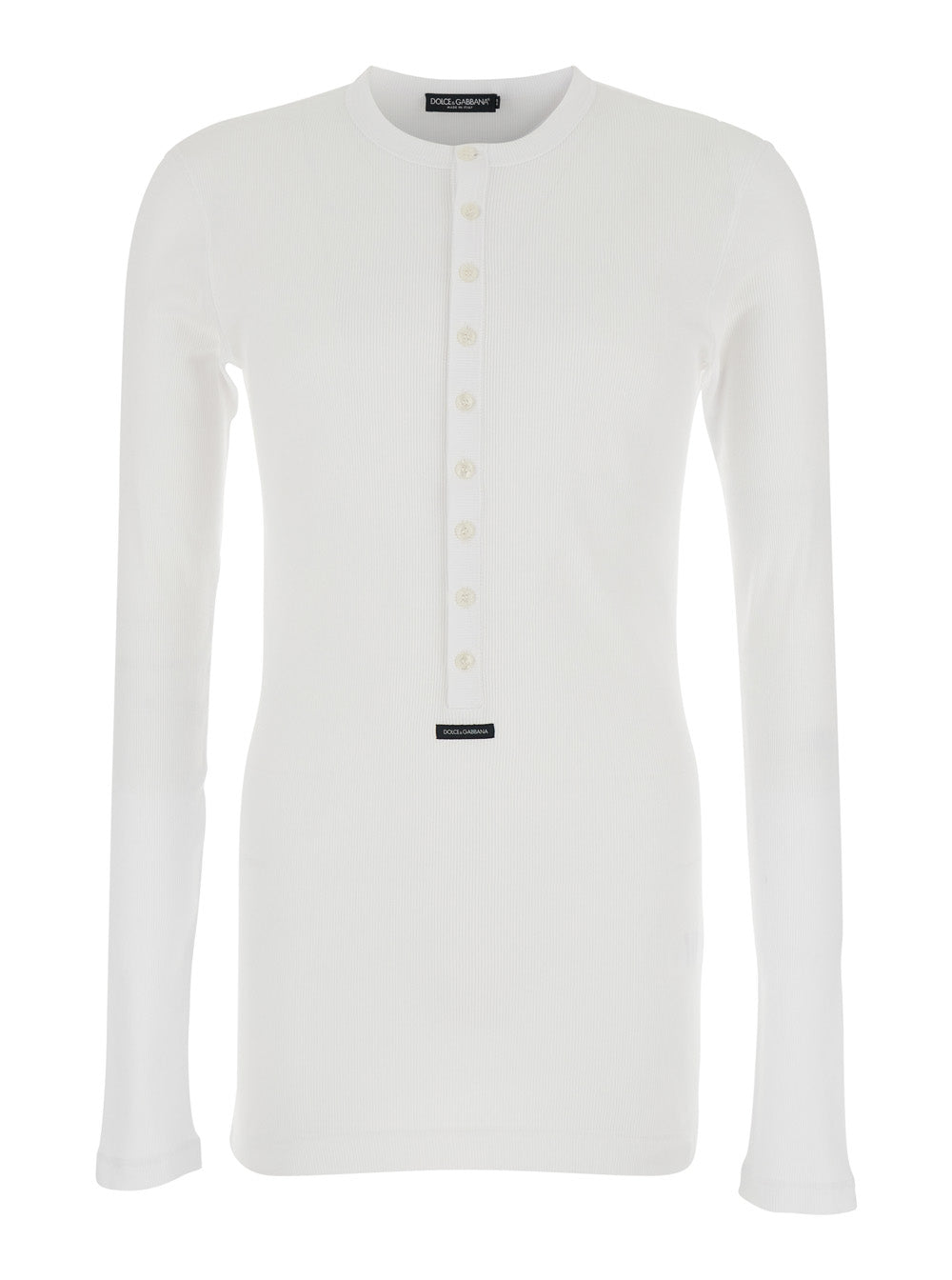 Dolce & Gabbana Men 'Serafino' White Crew Neck T-Shirt With Long Sleeves And Logo Patch On The Front In Cotton For Men DOLCE & GABBANA