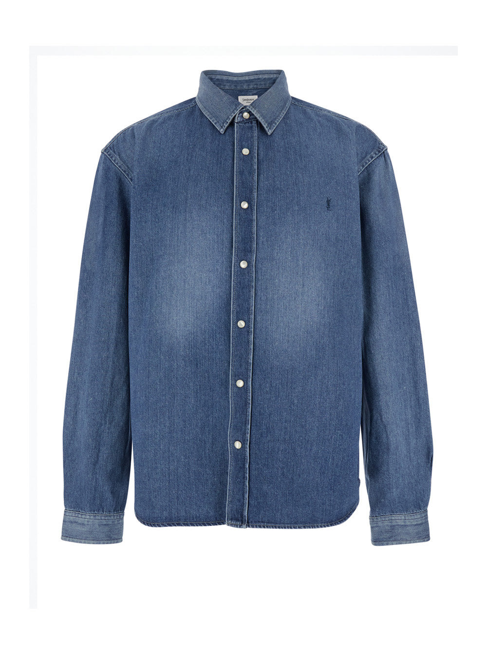 Saint Laurent Men Blue Denim Long Sleeve Shirt With Front Logo For Men SAINT LAURENT