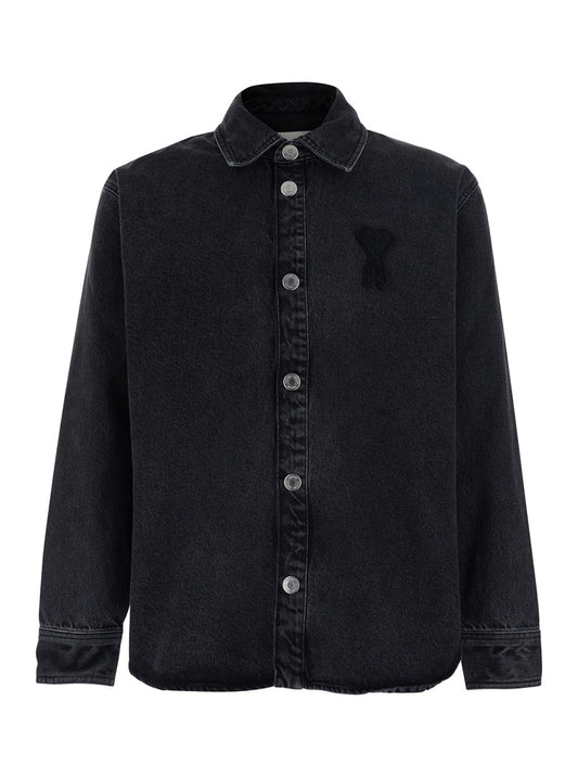 Ami Paris Men Black Long-Sleeved Shirt With Classic Collar And Ami De Coeur Logo On The Front In Denim For Men AMI PARIS