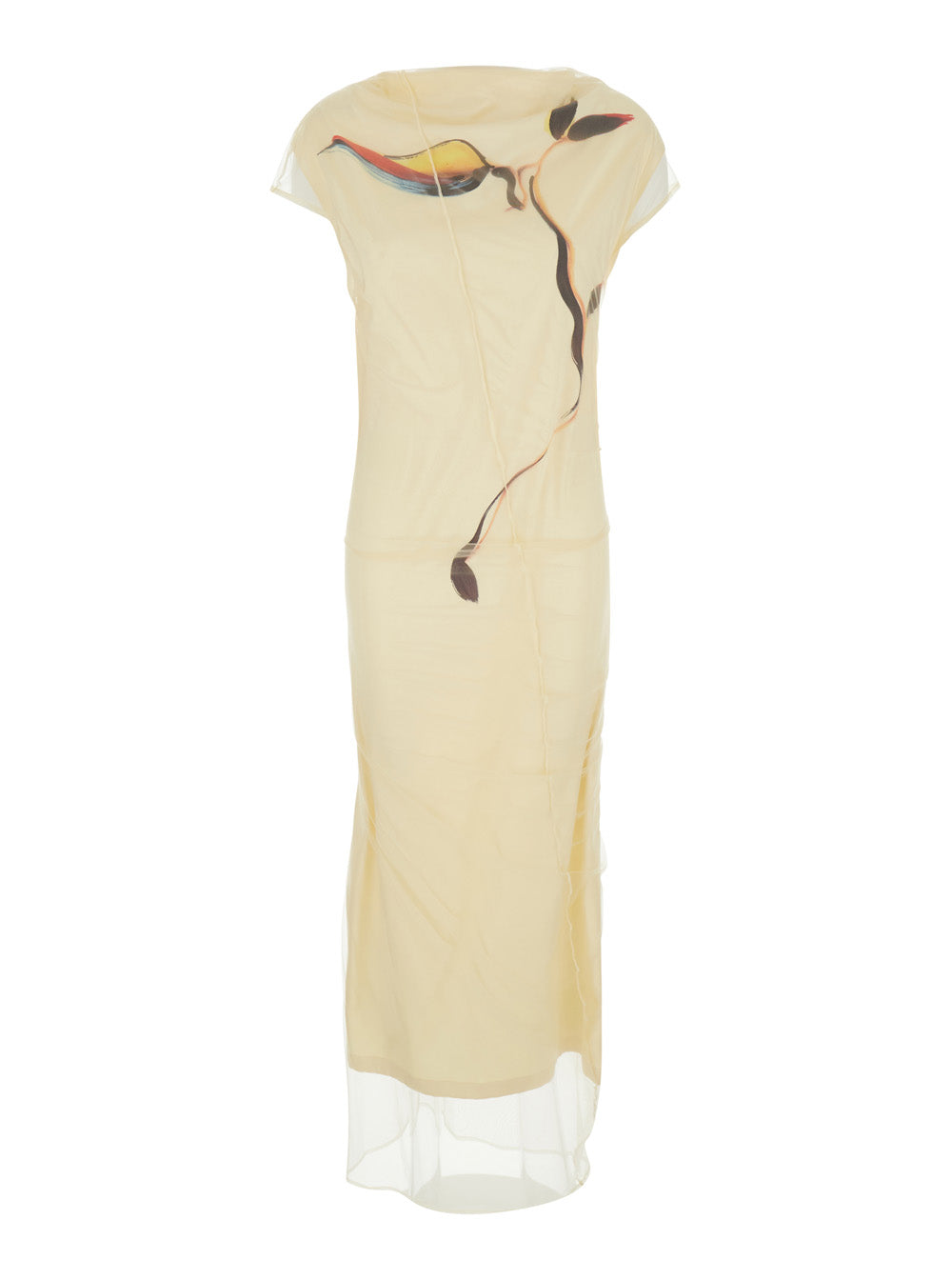 Sportmax Women 'Viale' Yellow Long Dress With Floral Motif On The Front And Round Neckline On The Back In Stretch Tech Fabric For Women SPORTMAX