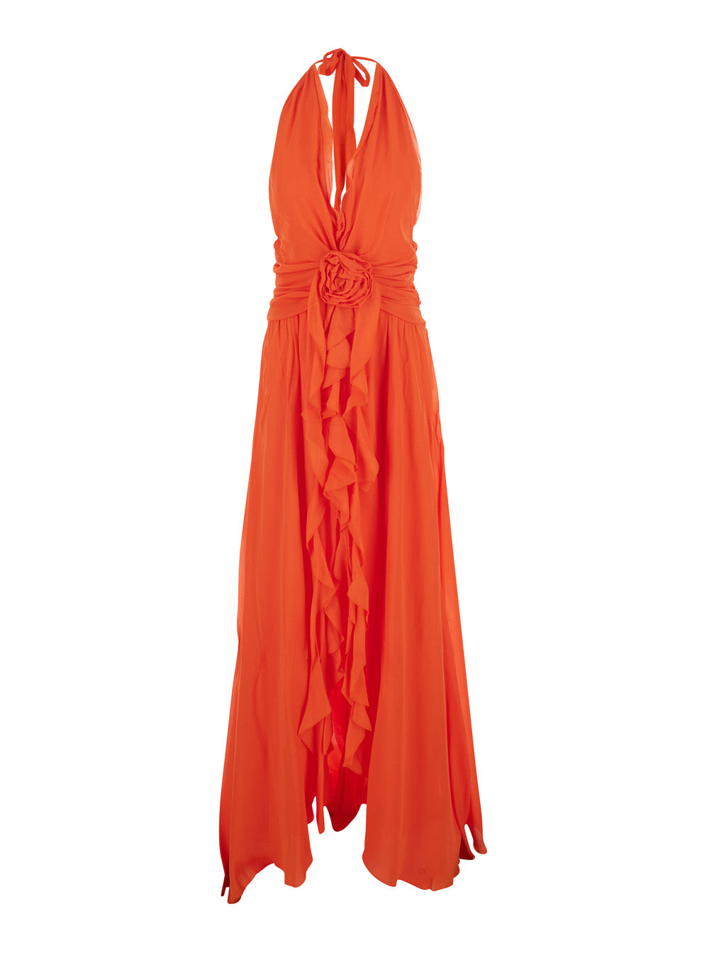 Blumarine Women Orange Long Dress With Halterneck And Floral Decorations In Viscose For Women BLUMARINE