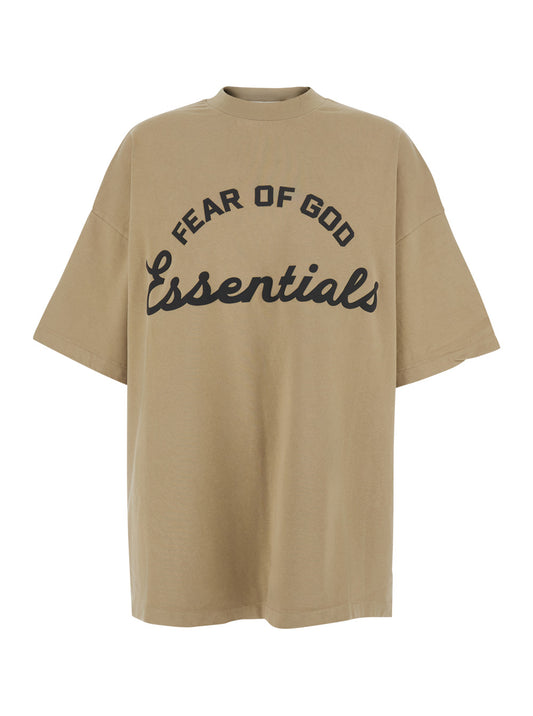 Fear Of God Men Beige Crew Neck T-Shirt With Dropped Shoulders And Maxi Logo Lettering Print On The Front In  Cotton For Men