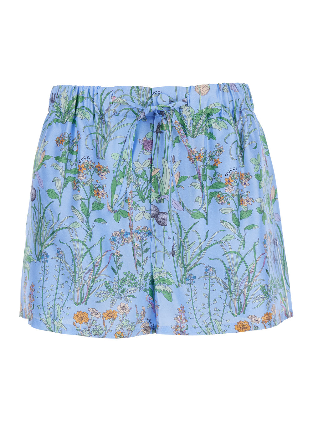 Gucci Women Light Blue Shorts With Elasticated Waist And Drawstring And All-Over Floral Print In Silk For Women GUCCI