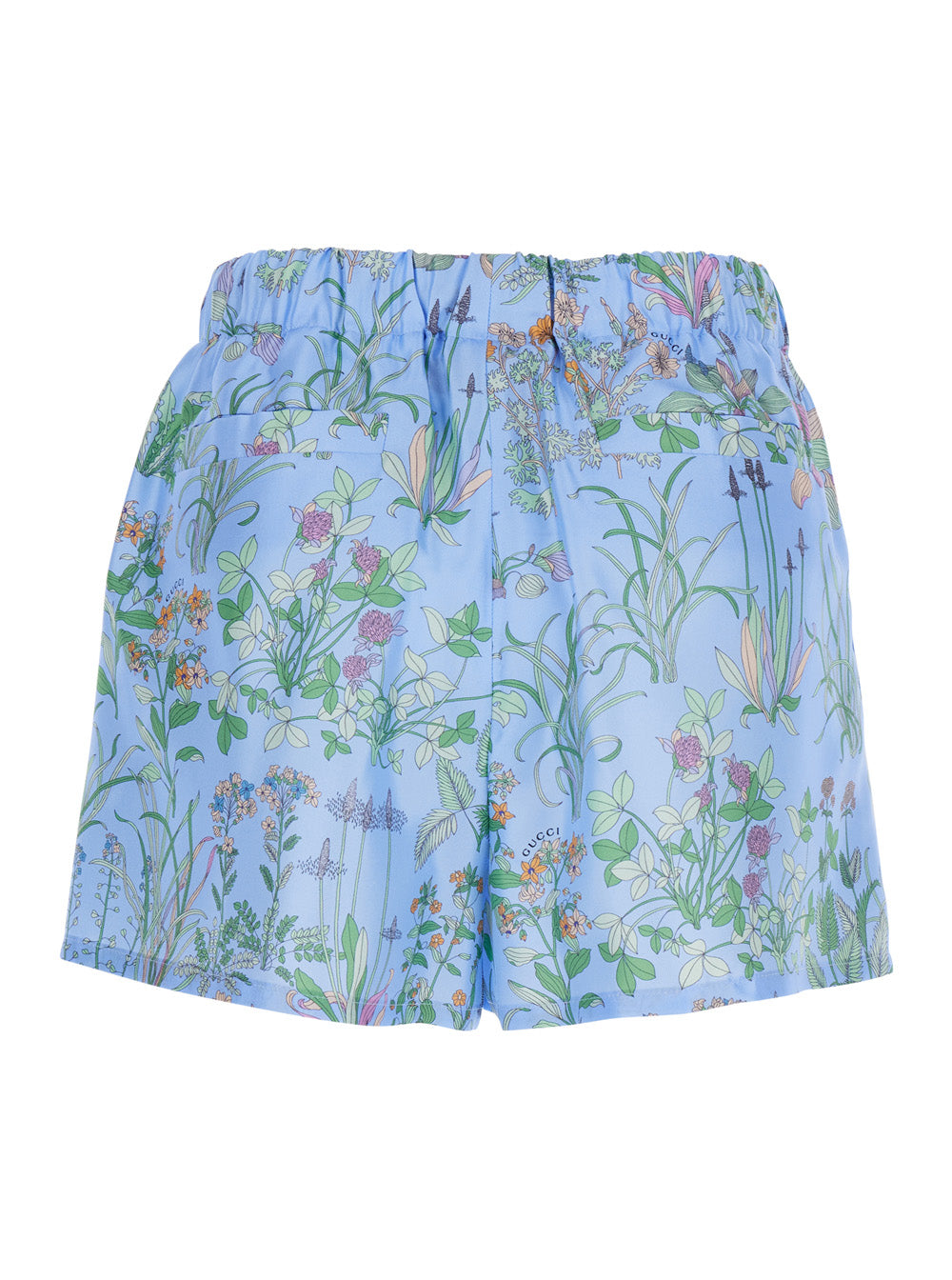 Gucci Women Light Blue Shorts With Elasticated Waist And Drawstring And All-Over Floral Print In Silk For Women GUCCI