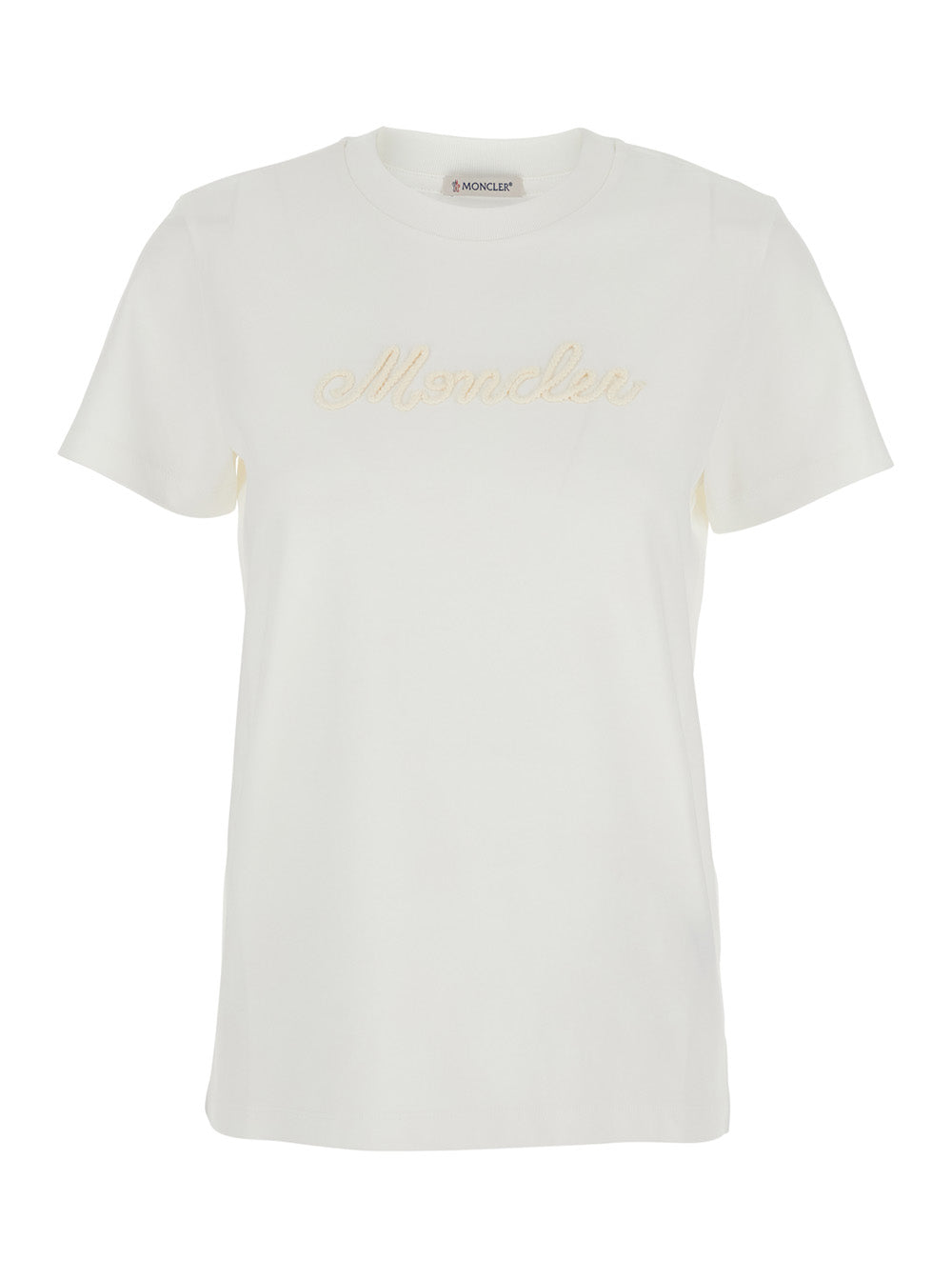 Moncler Women White Crew Neck T-Shirt With Logo Lettering Embroidery On The Front In Cotton For Women MONCLER