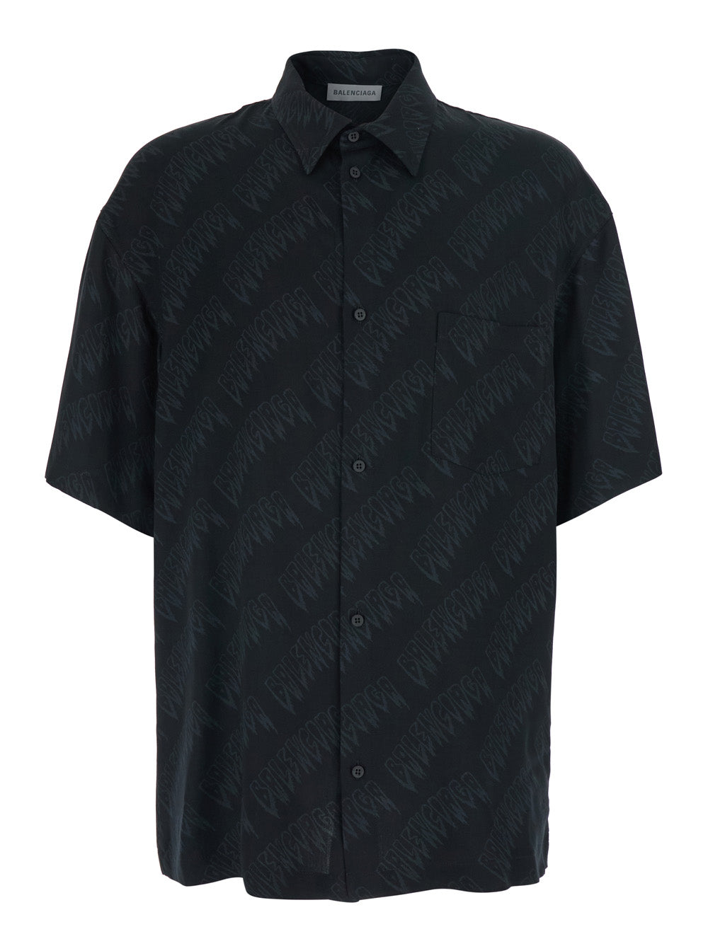 Balenciaga Men Black Shirt 'Creeper' With Classic Collar And All-Over Logo Motif In Viscose For Men BALENCIAGA