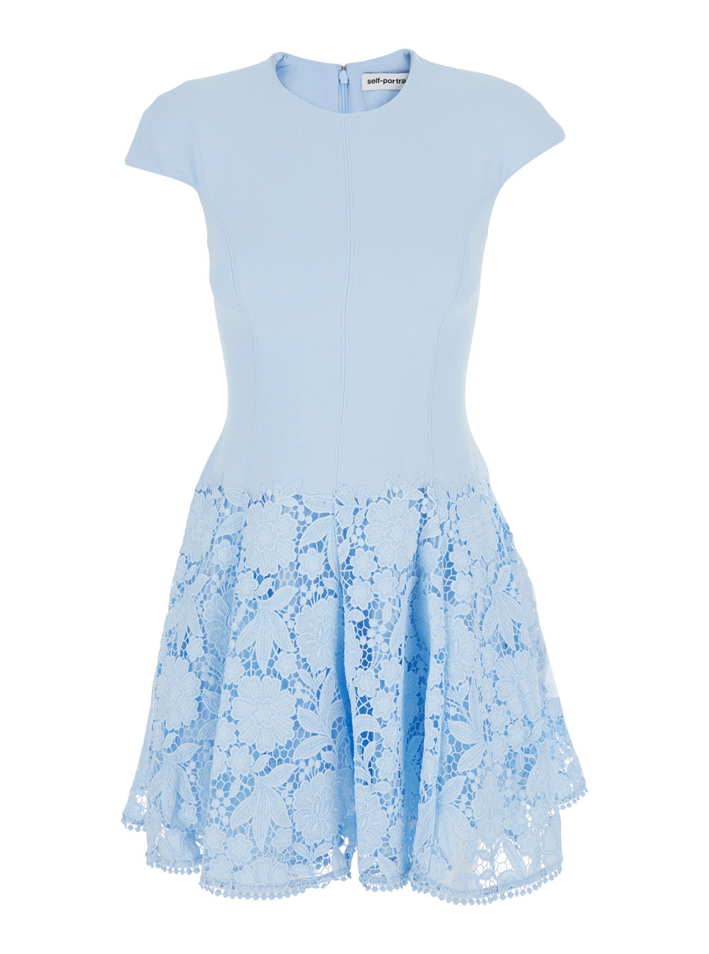 Self-Portrait Women Light Blue Mini Dress With Lace Embroidery On The Skirt In Tech Fabric For Women SELF-PORTRAIT
