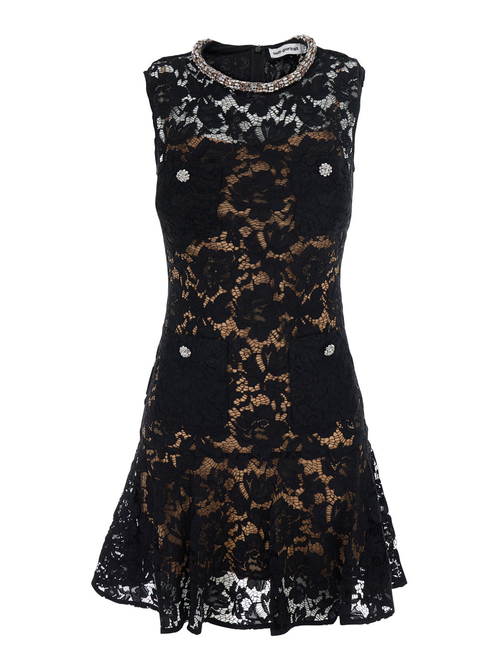Self-Portrait Women Black Mini Dress With All-Over Lace Embroidery And Crystal Decoration In Tech Fabric For Women SELF-PORTRAIT
