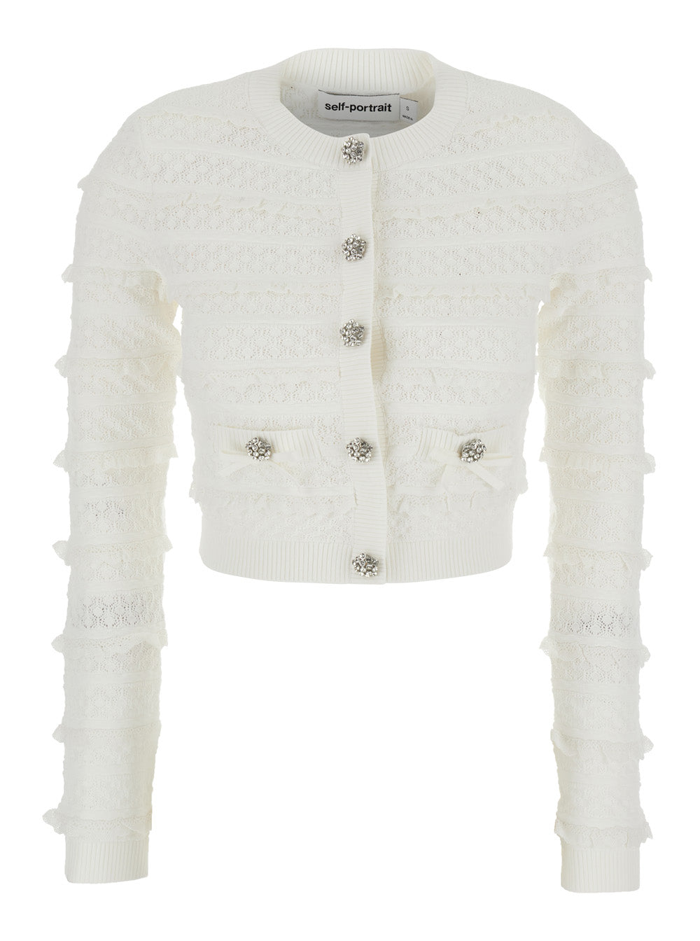 Self-Portrait Women Cardigan 'White Pointelle Diamante' With Long Sleeves In White Knit For Women SELF-PORTRAIT