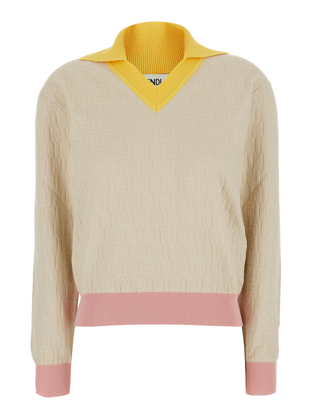 Fendi Women Beige Long-Sleeved Sweater With V-Neck And All-Over Ff Motif In Cotton Women FENDI