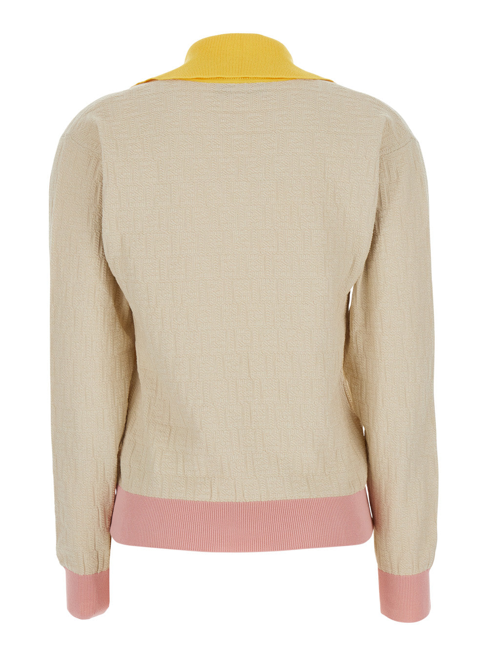 Fendi Women Beige Long-Sleeved Sweater With V-Neck And All-Over Ff Motif In Cotton Women FENDI