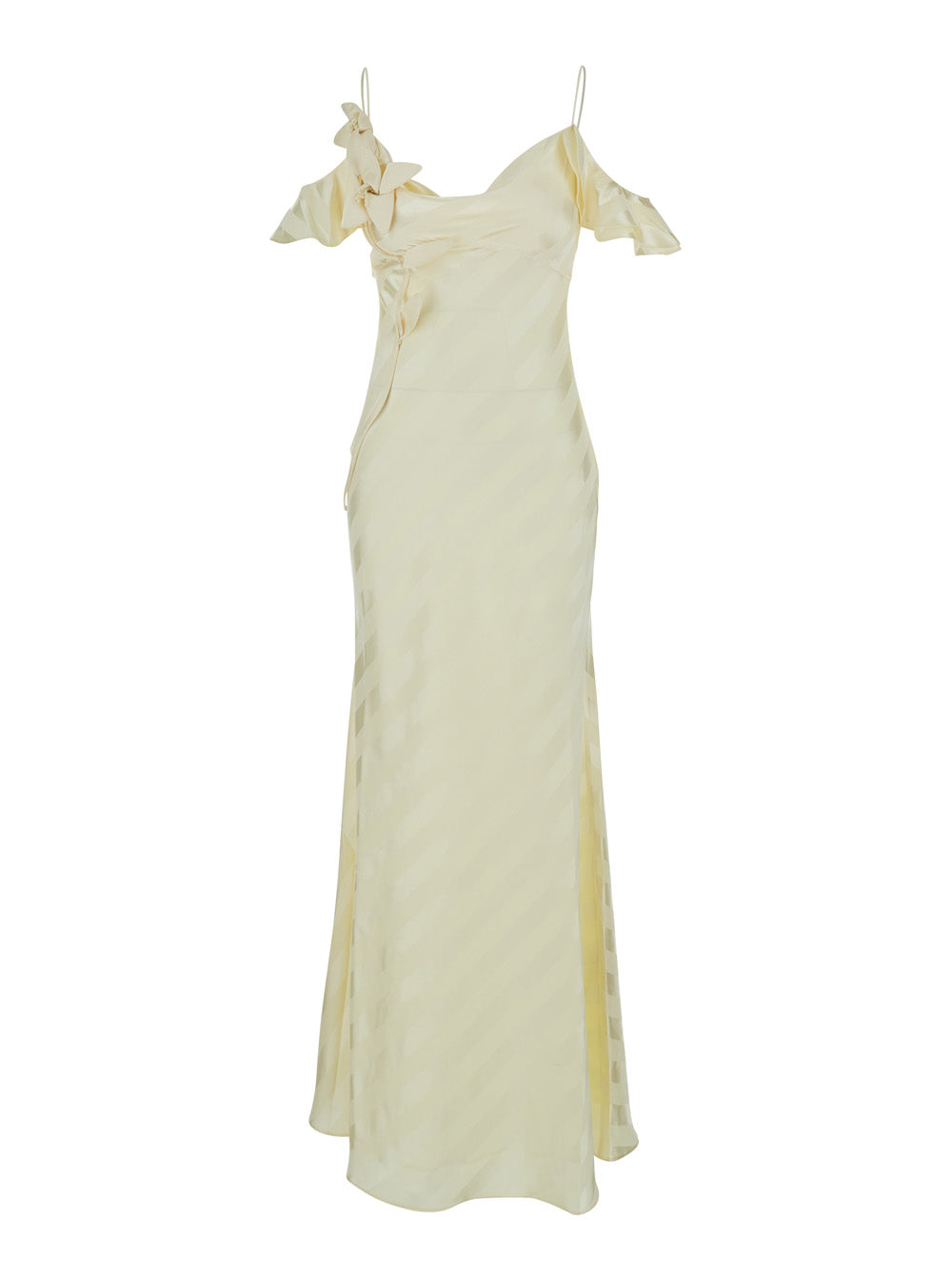Self-Portrait Women Dress 'Yellow Satin Striped Maxi Dress' With V-Neck In Yellow Silk For Women SELF-PORTRAIT