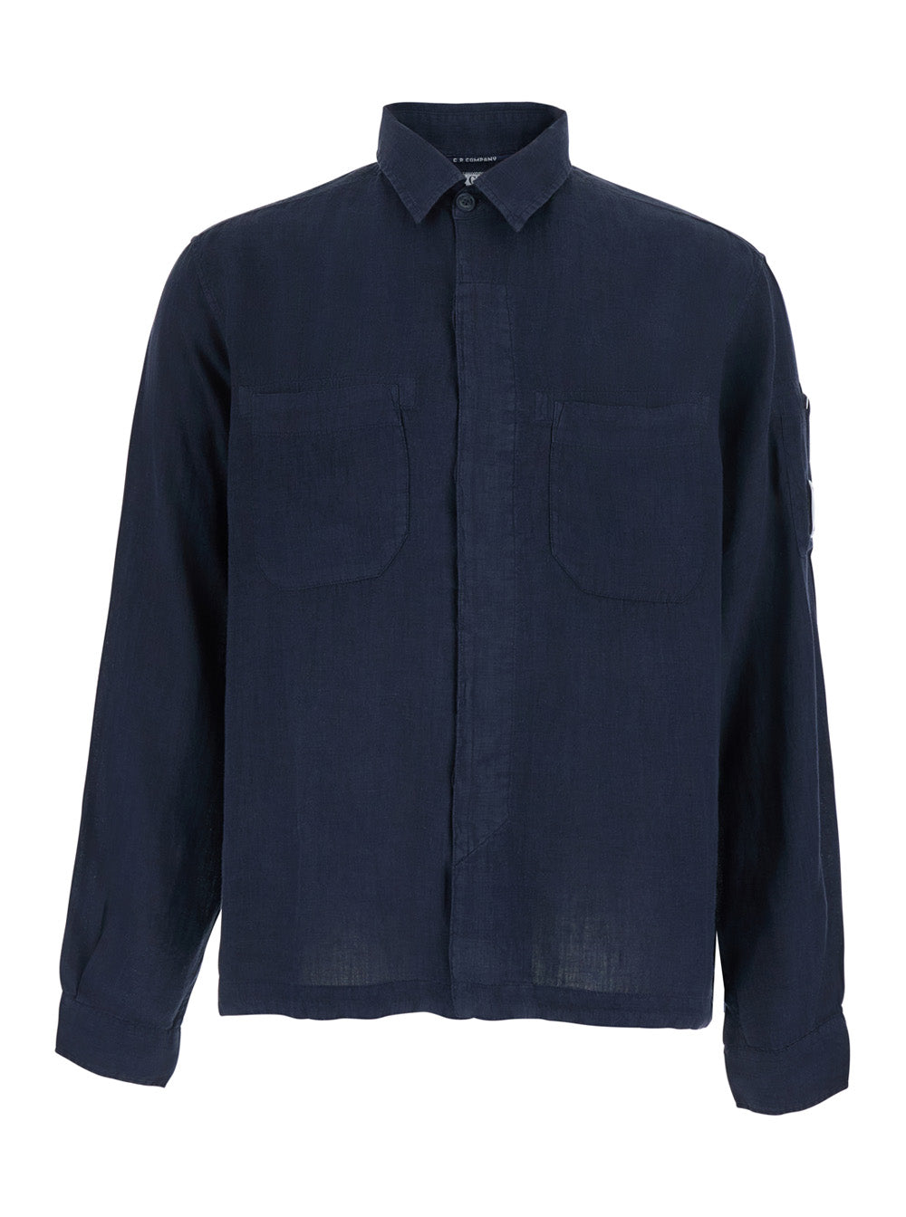 C.P. Company Men Blue Shirt With Classic Collar And Logo Plate On The Sleeve In Linen Man C.P. COMPANY