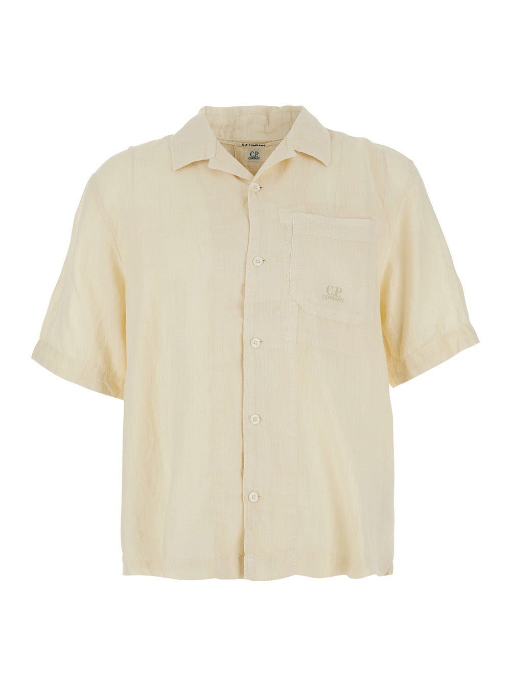 C.P. Company Men Beige Shirt With Logo Print On The Front In Linen Man C.P. COMPANY